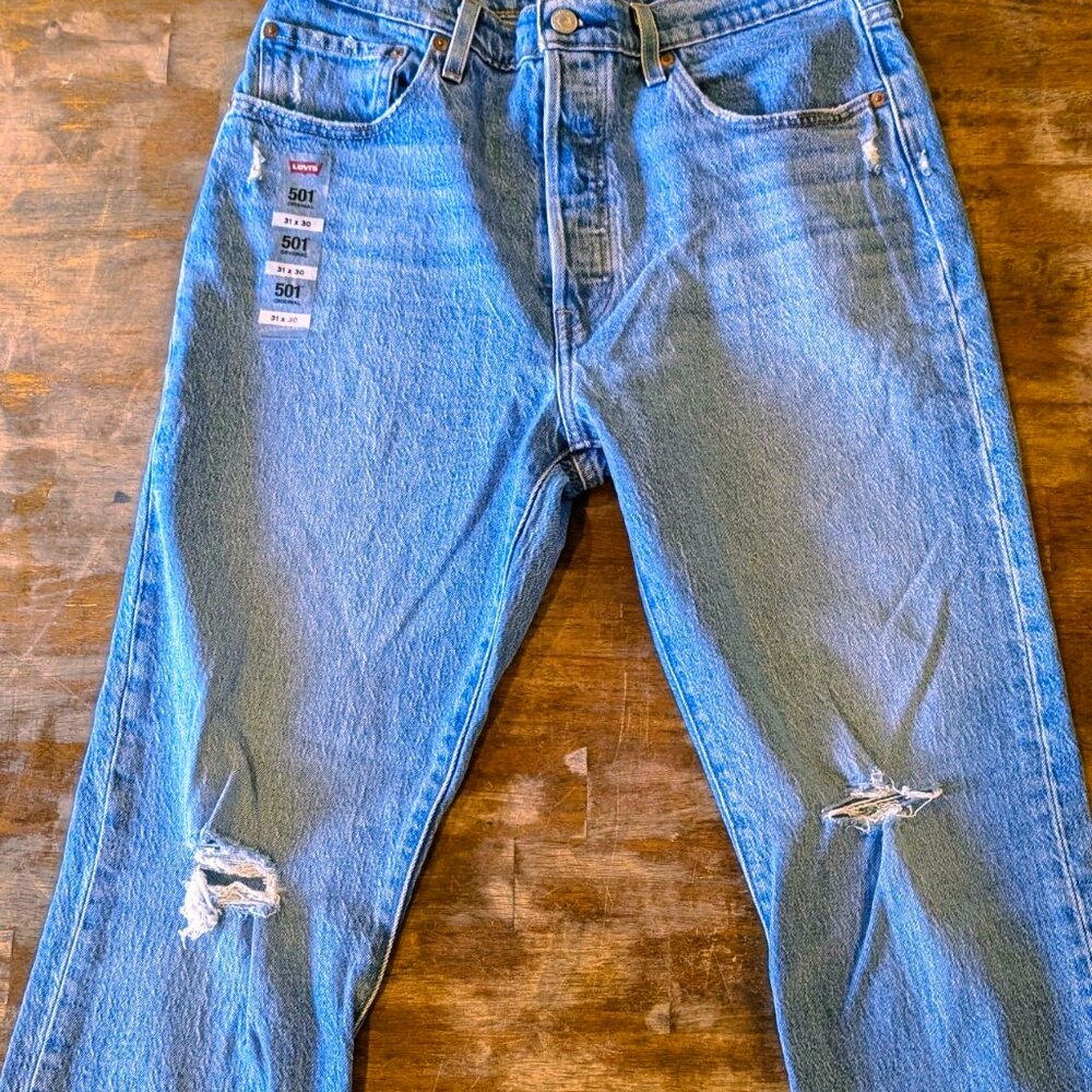 Levi's 501 Jeans Men 31x30 Blue Straight Leg Button Fly Waterless Distress Denim